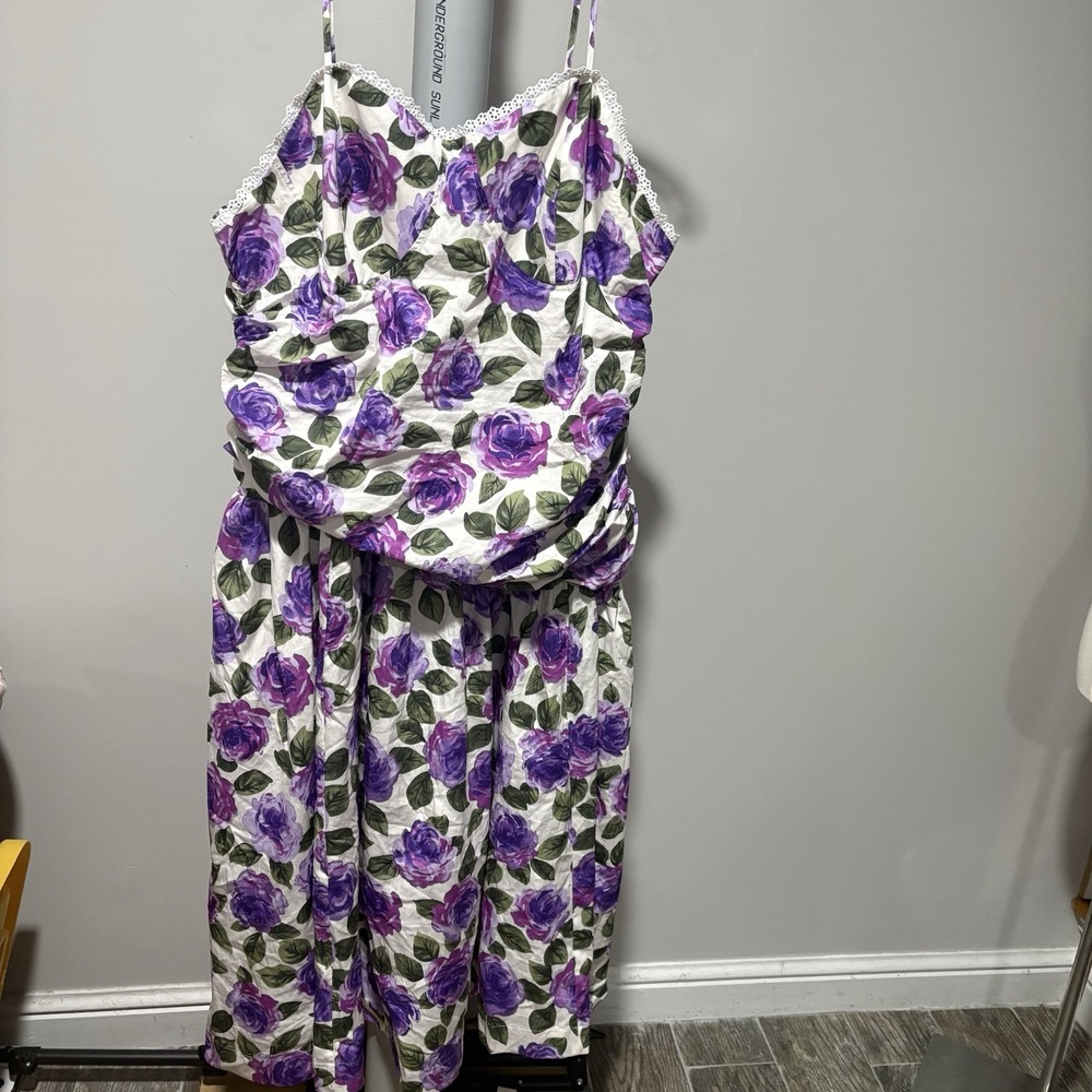 Maeve Floral Printed Midi Dress White Purple Size 2X Cotton Wedding Summer